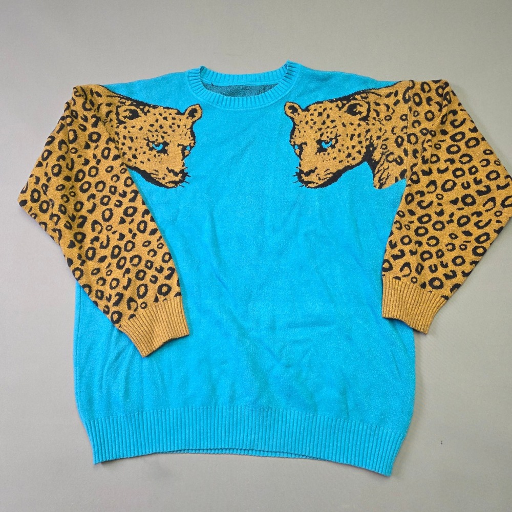 Turquoise Blue Leopard Print Intarsia Knit Crewneck Sweater XL 20139